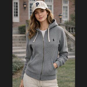 Polo Ralph Lauren Zip Hoodie XS Gray Waffle Knit Pony Y2K Cotton Jacket FLAW VTG